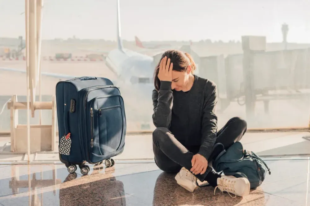 Woman sitting on floor of airport in front of window with head in hands, next to luggage